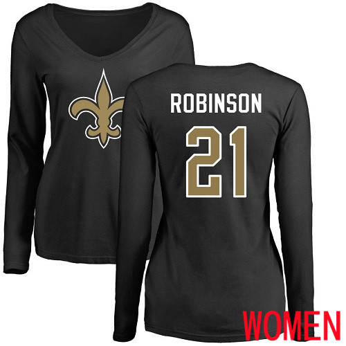 New Orleans Saints Black Women Patrick Robinson Name and Number Logo Slim Fit NFL Football #21 Long Sleeve T Shirt->women nfl jersey->Women Jersey